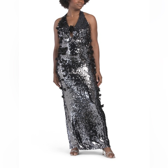 NWT | Dress the Population - “Priscilla” Sequin Halter Backless Gown, Gunmetal - Picture 3 of 6